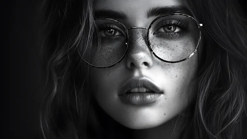 Monochrome close-up portrait of young woman with glasses.