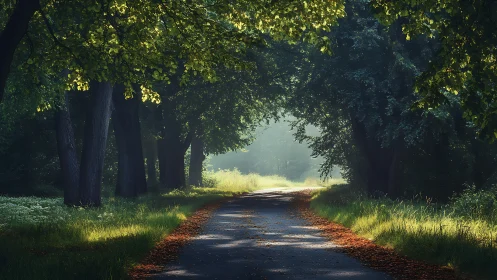 Shaded forest road curves toward bright morning clearing