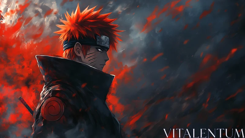 Red-haired ninja stands amid swirling ember storm at dusk.