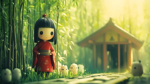 Stylized child figure stands in bamboo forest near shrine