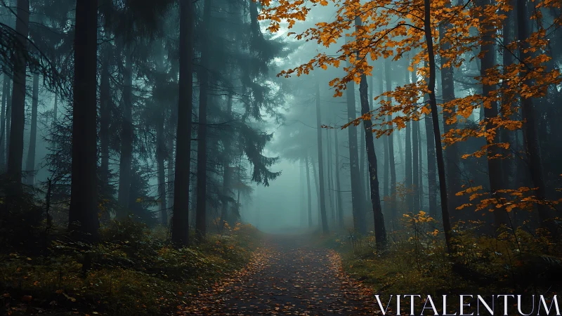 Misty Forest Corridor with Contrasting Autumn Foliage Composition.