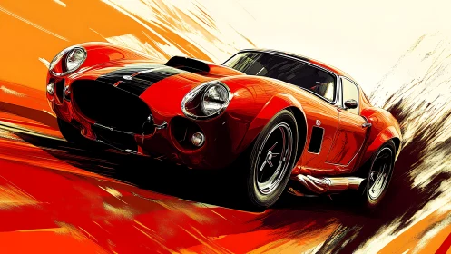 Crimson classic racer slices through molten sunset speedway.