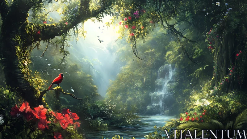 Ruby parrot serenades a misty waterfall jungle dawn.