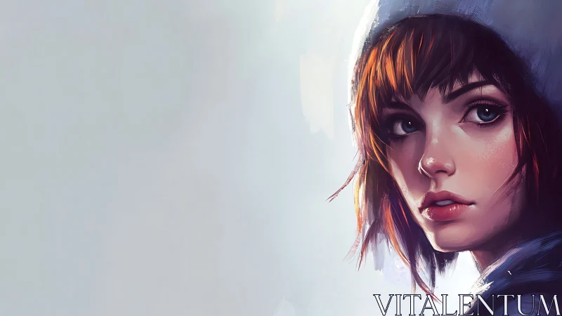 Digital portrait of girl in hood with intense side gaze.
