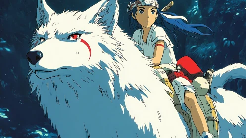 Forest rider leans into the wind atop a vigilant white wolf