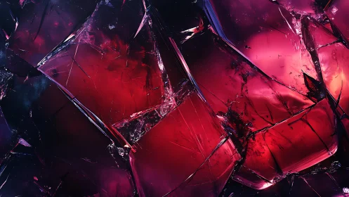 Abstract close-up of broken glass with vivid red and purple hues.