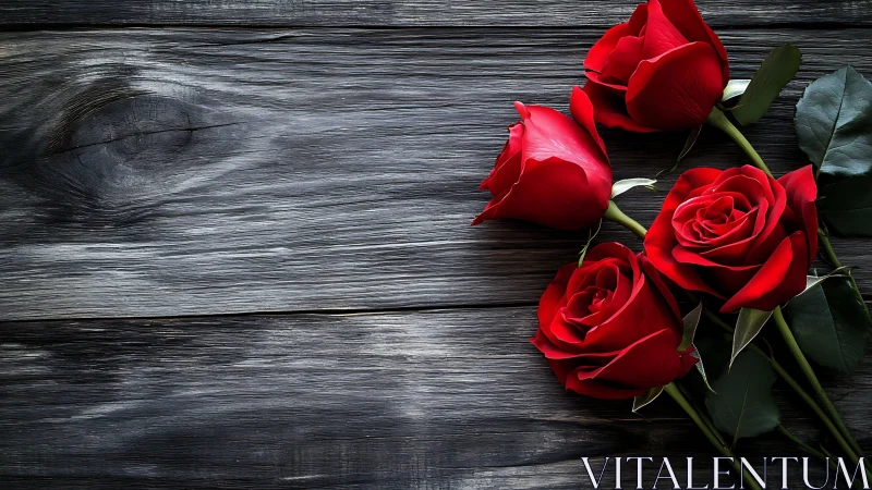 Red Roses on Weathered Dark Wood Surface.