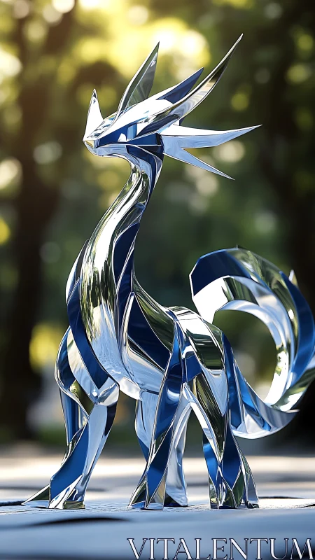 Crystal dragon sculpture reflects sunlight in blurred park