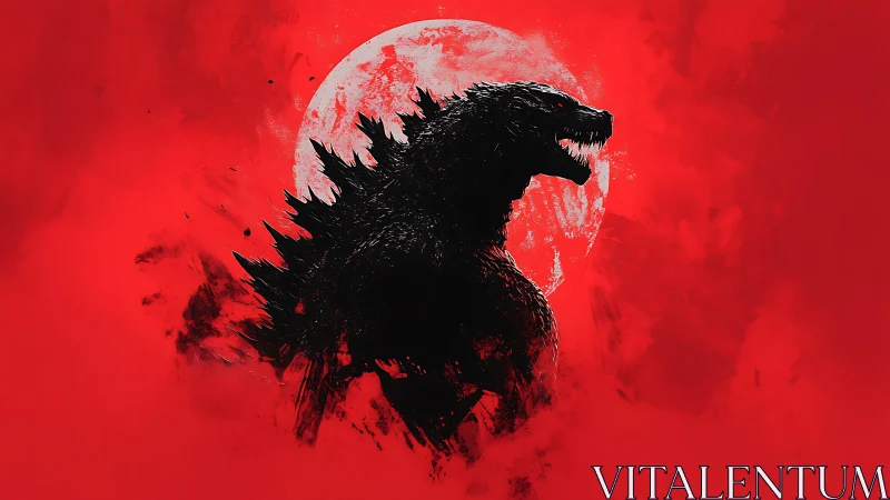 Godzilla silhouette against red moon in bold profile.