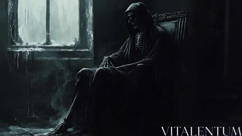 Hooded skeletal figure broods in dim chiaroscuro interior.