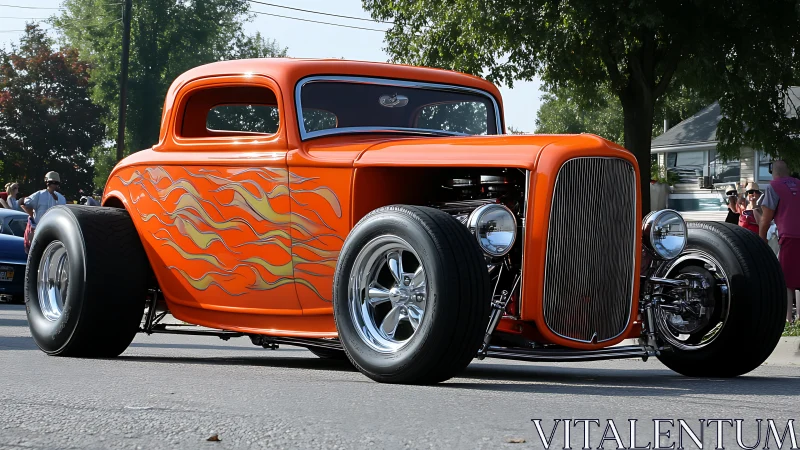 Blazing orange hot rod cruising with classic street charm.