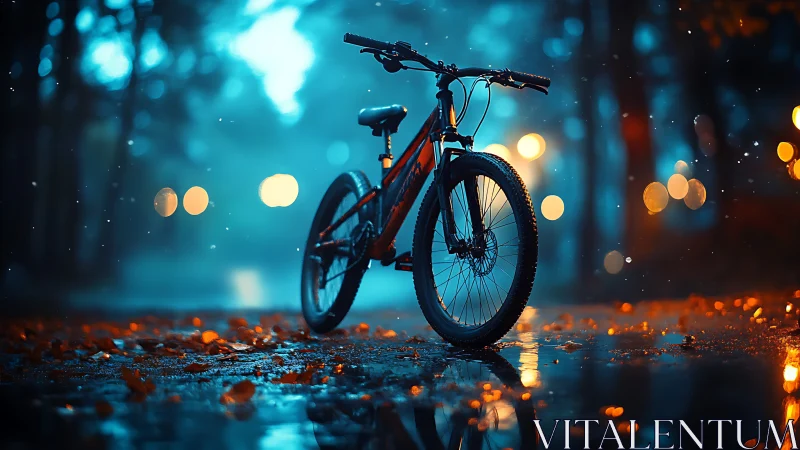 Red bicycle on wet urban street at dusk with bokeh lights