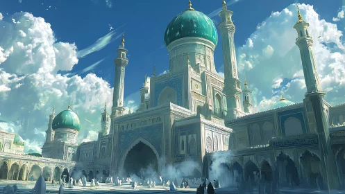 Celestial-domed courtyard mosque under volumetric sky illumination.