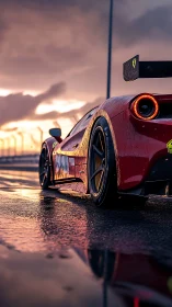 Red racing car rear view on wet track at sunset