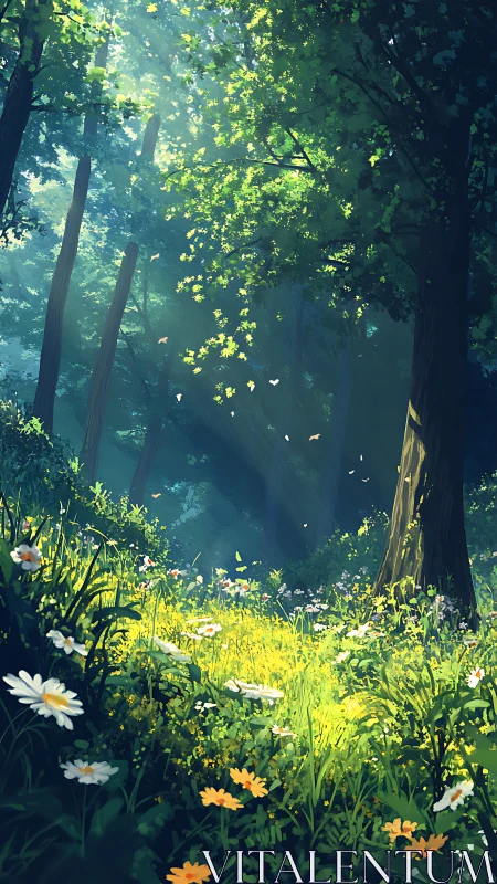 Enchanted Forest Glade with Golden Sunlight.