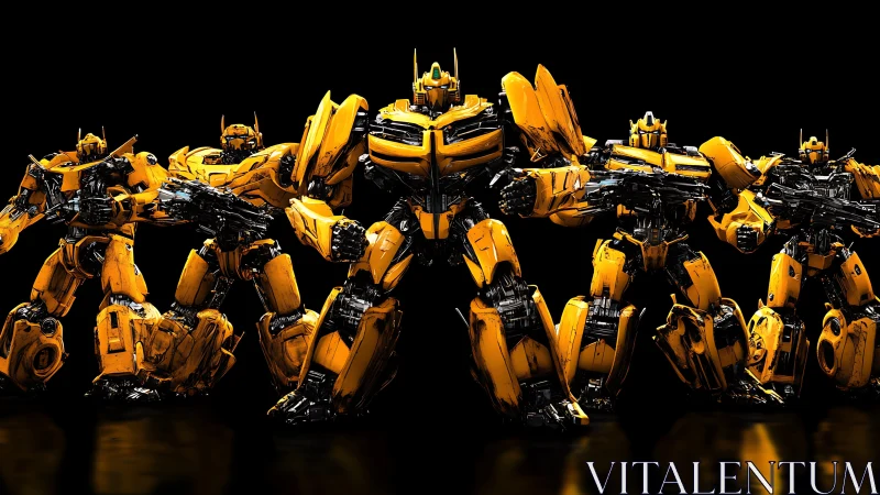 Row of armored yellow mechs in dramatic battle stance.