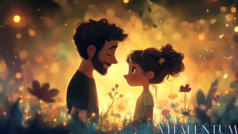 Father and daughter sharing a moment in glowing golden light.