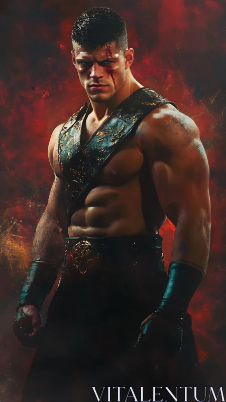 Battle-scarred gladiator warrior in molten ember backlight