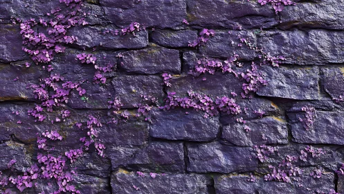 Purple ivy climbs weathered stone wall with glossy texture