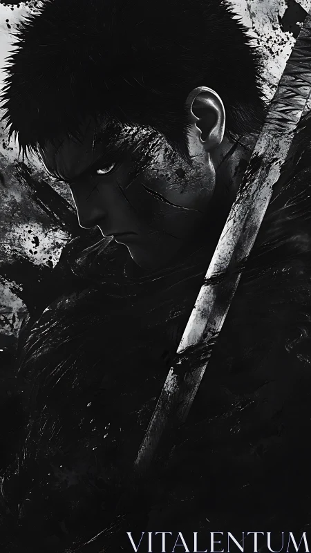 Brooding anime swordsman in dark monochrome portrait.