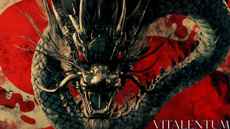 Ferocious dragon head over blood red abstract field.