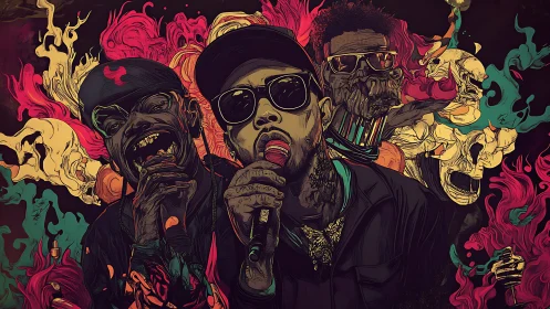 Hip hop vocal trio with abstract skull and smoke forms.