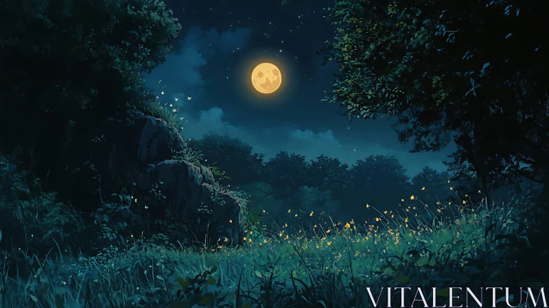 Moonlit clearing alive with fireflies under deep blue sky.