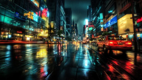 Cyberpunk rain-slick avenue with neon reflections at night.