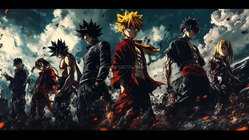 Storm-forged anime warriors stride through embers and sky.