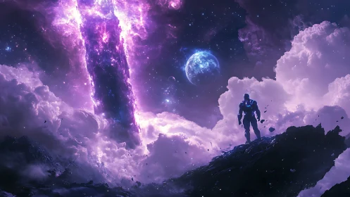 Starlit wanderer beholds a roaring violet cosmic rift