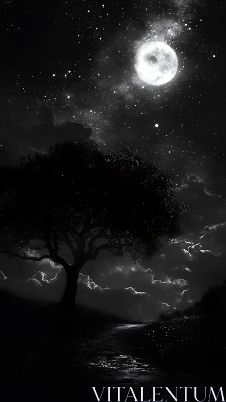 Moonlit country path glows softly beneath a starry sky