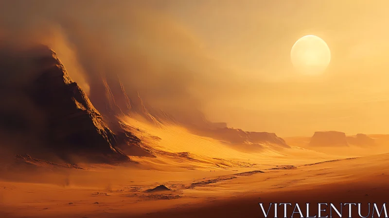 Solar winds ignite a molten desert of towering phantom dunes.