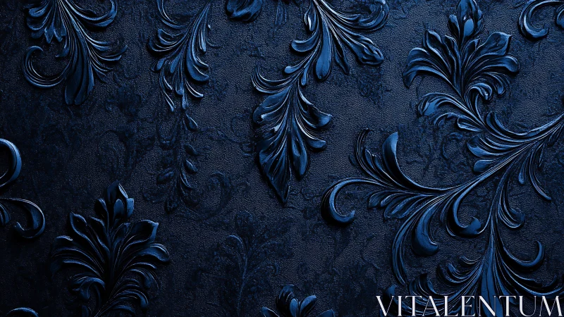Ornate navy foliage swirls sculpted on textured leather.