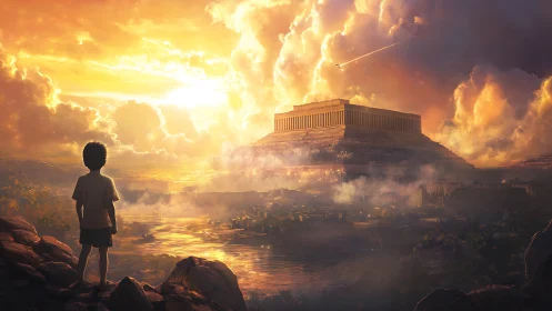 Child observing monumental stepped temple at luminous sunset