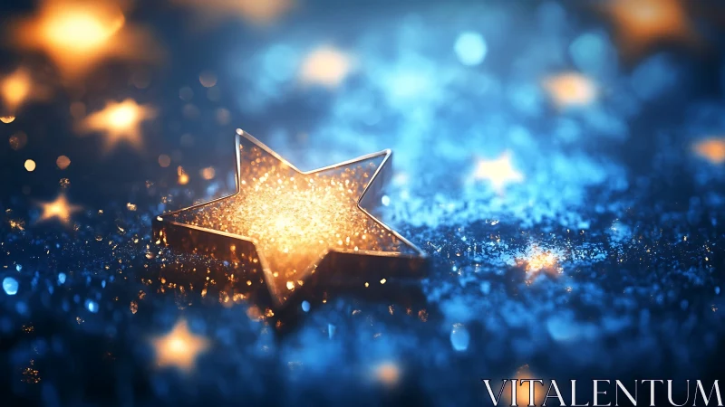 Golden glass star glows against defocused blue bokeh field