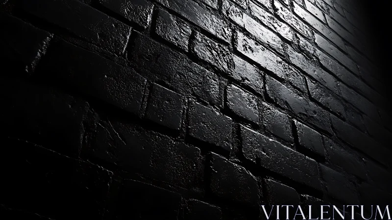 Dark wet brick wall in dramatic low side lighting view.