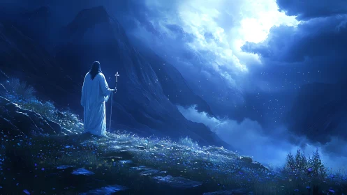 Figure in white robe stands on blue-lit mountain slope at night