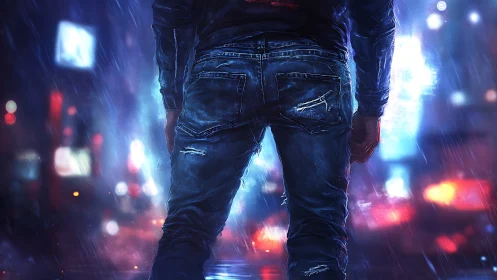 Lone figure stands in neon city street during heavy rain