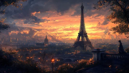 Eiffel Tower sunset panorama with dramatic cloud formations