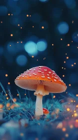 Firefly-lit toadstool realm under deep sapphire dusk.