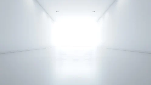 White corridor interior extends toward strong overexposed light