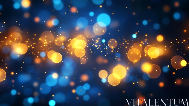 Abstract glowing bokeh lights in blue and gold, digital art style.
