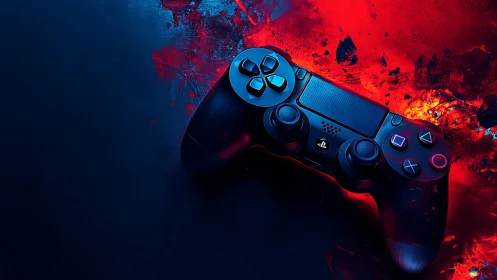 Neon gamepad drifts between lava light and midnight blue