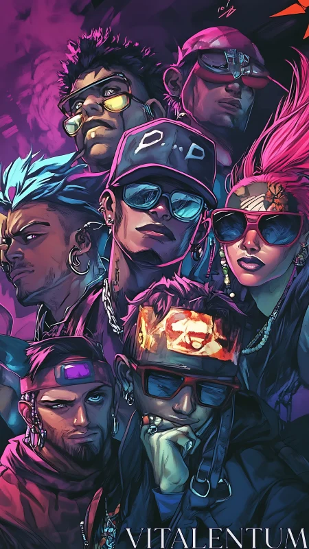 Neon-lit street crew stand united in bold cyber attitude.