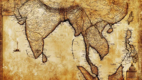 Vintage style map displays India and Southeast Asia coastlines