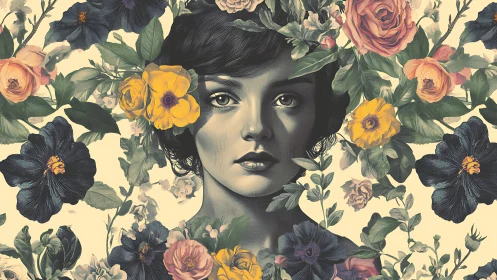 Stylized woman’s portrait framed by bold vintage flowers.
