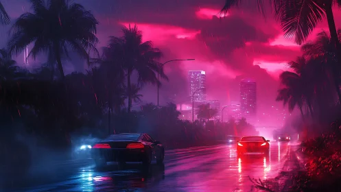 Neon city highway in rain with palm trees and cars at night.