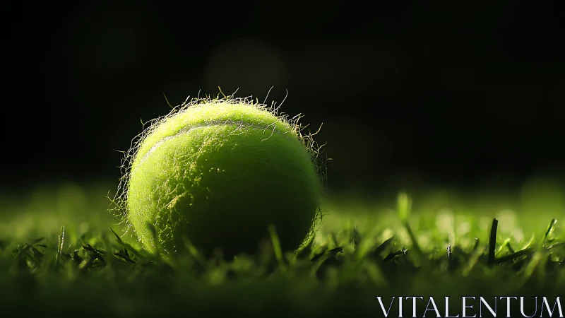 Sunlit tennis ball resting like a tiny neon planet on grass.