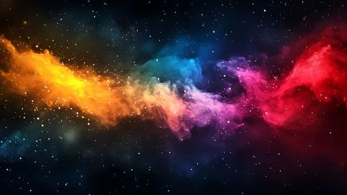 Vibrant multicolor nebula streak glows across deep space.