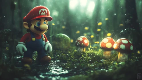 Mario explores a misty forest of glowing red mushrooms.